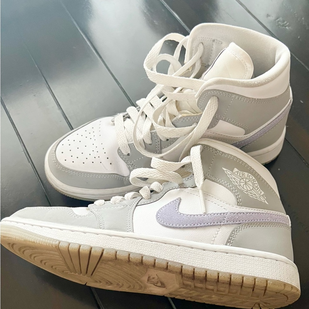 Nike Air Jordan High-Tops in Gray, White, and Light Purple